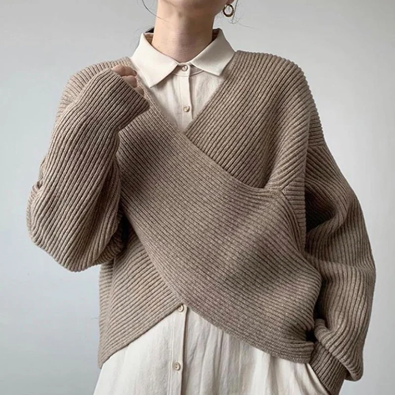 

Корейский шикарный осенний простой и тонкий большой Свободный Повседневный женский свитер с V-образным вырезом и перекрестным дизайном