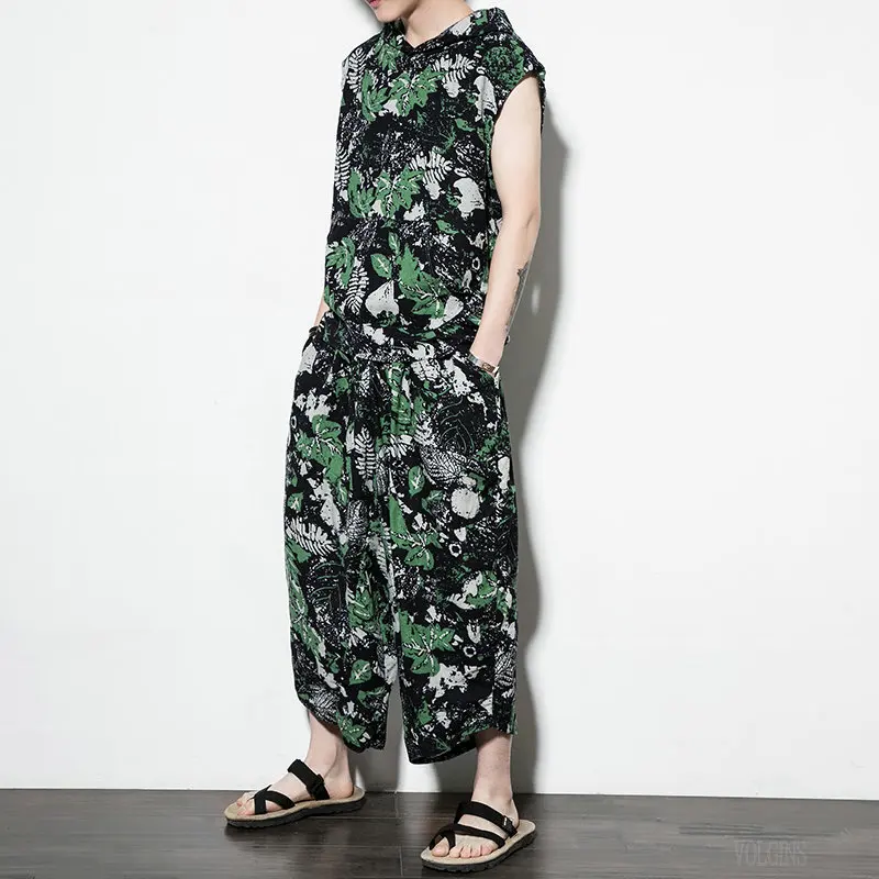 

2021 New Mens Spring Sleeveless Suit Cotton Linen Solid Color Outerwear Fashion Style Casual Loose Low Crotch Male Hooded Suit
