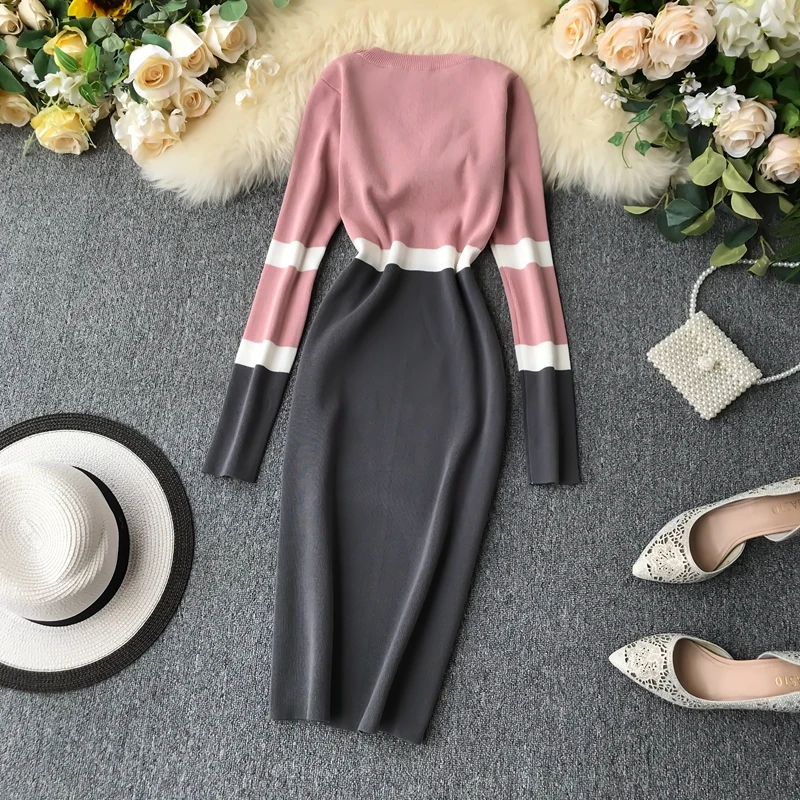 ALPHALMODA осенне-зимнее женское трикотажное платье хит цвета новое ретро с высокой талией цветное с длинным рукавом тонкое трикотажное цельное платье