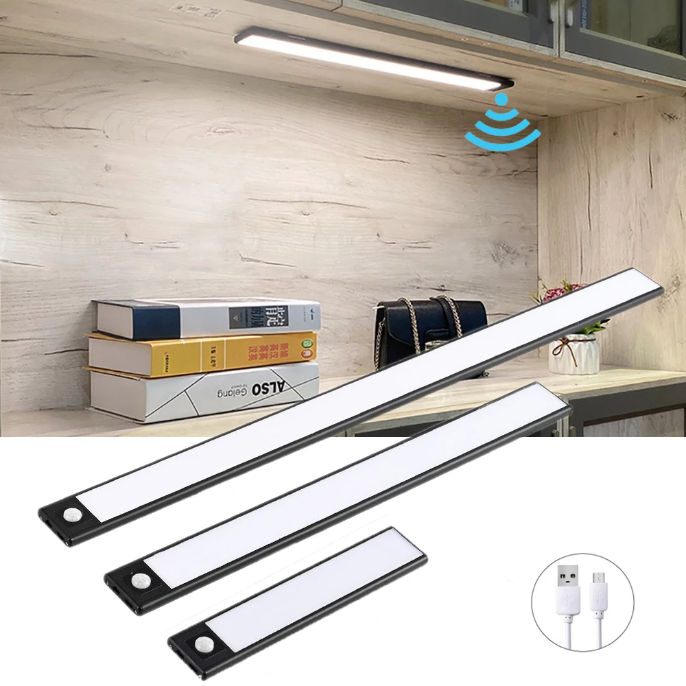 

Ultra-Thin Bedroom Night Light PIR Motion Sensor 20/40/60cm LED Under Cabinet Lights USB Rechargeable Lamp For Wardrobe Stairs