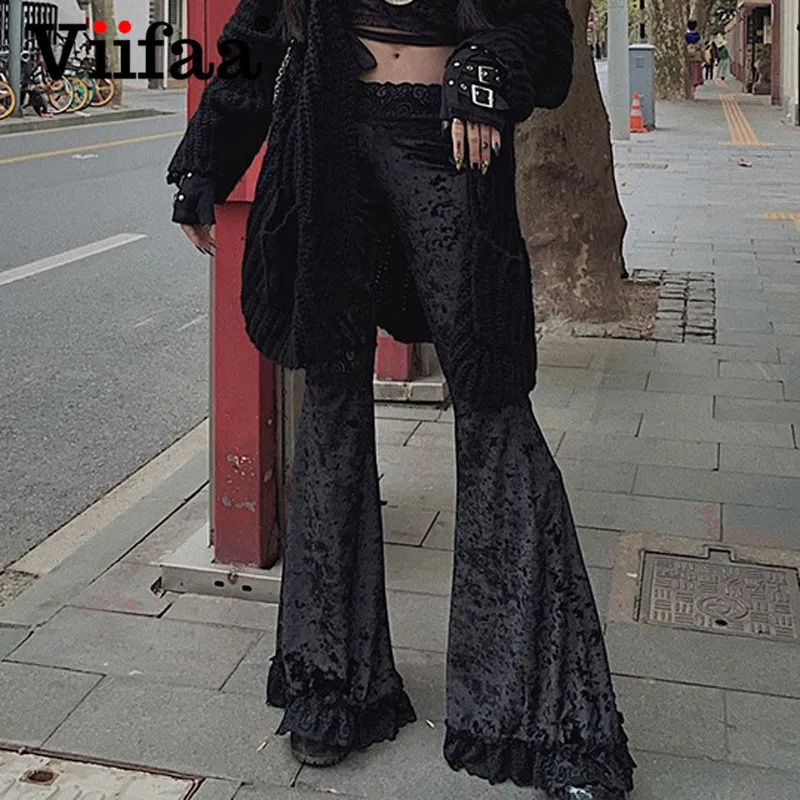 

Viifaa Lace Patchwork High Waist Velvet Vintage Flare Pants Women Winter Elegant Streetwear Skinny Y2K Trousers