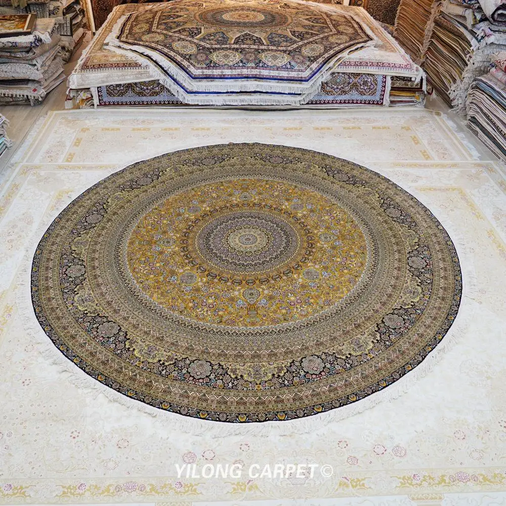 Kopen Yilong 10 'X 10' Traditionele Tapijt Gele Bloemen Handgeknoopte Perzische Zijden Ronde Tapijt (TJ157A)