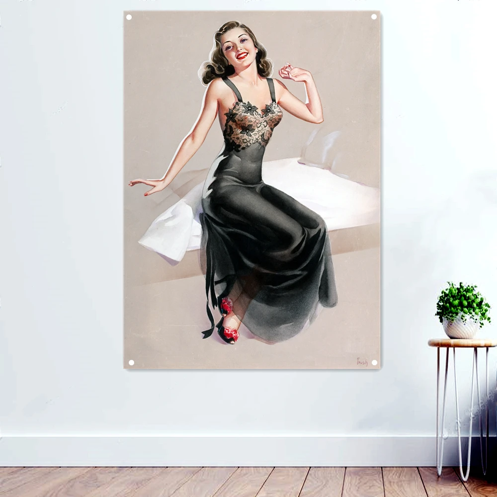 

Retro Sex Appeal Girl Poster Wall Hanging Paintings Bedroom Pinup Mural 40s Fashionable Girl Decorative Banner Flags Tapestry B2