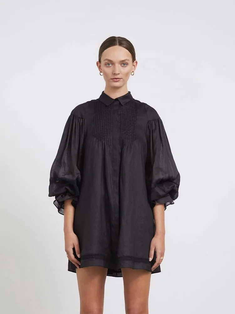 

Big-name summer women's casual cotton loose pleated shirt dress 2020New women's lapel fashion party all-match puff skirt XL