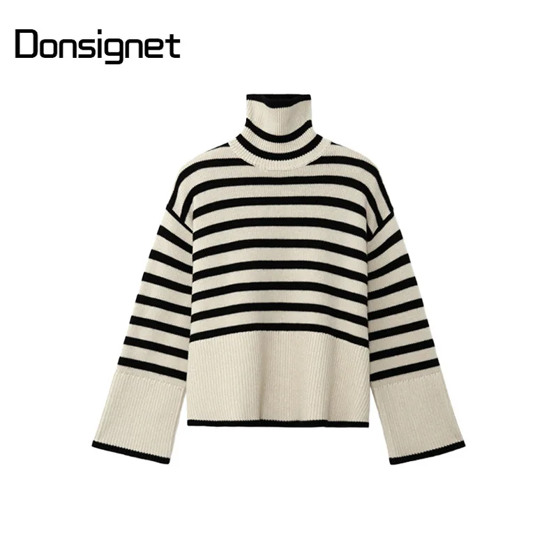 

Осенние свитера для женщин, свитер в полоску с высоким воротником, Свободный пуловер, Вязаный топ из смешанной шерсти для женщин