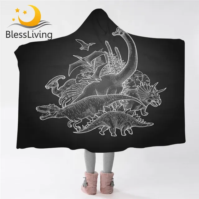 BlessLiving Dinosaur Hooded Blanket Jurassic Animal Sherpa Fleece Blanket Cozy Wearable Throw Blanket Prehistoric Plants Bedding 1