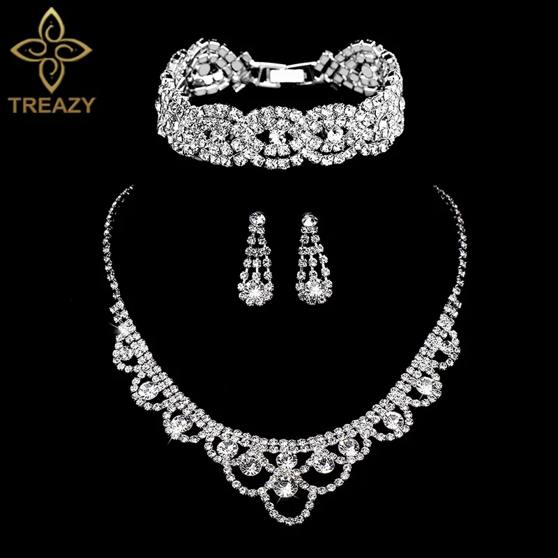 

TREAZY Fashion Rhinestone Crystal Bridal Jewelry Set for Women Choker Necklace Earrings Bracelet Set Wedding Jewelry Accessories