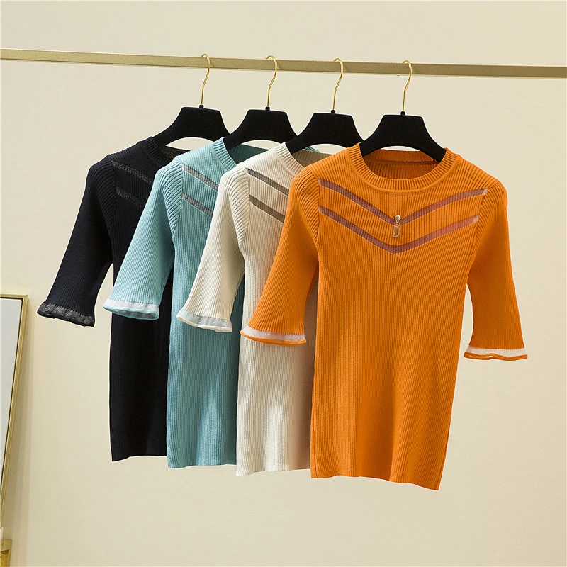 

LJSXLS Summer Thin Sweater Women Slim Knitted Half Sleeve Women's Sweaters Solid O-Neck Tops Femme Black Casual Women Clothing