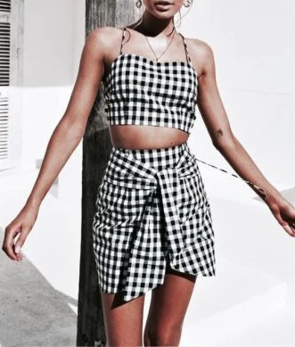 

Модный женский клетчатый комплект из 2 предметов, облегающая юбка, укороченный топ с открытыми плечами, летний комплект из двух предметов, м...