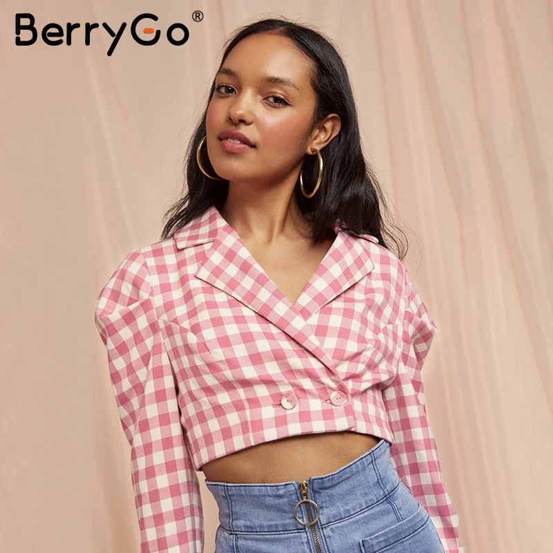 BerryGo кнопки в старинном стиле клетчатая женская блузка Сексуальная с длинным
