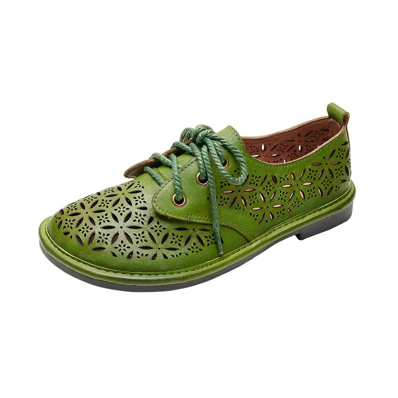 

YourSeason Ladies Genuine Leather Lace Up Shoes 2021 Spring Autumn Concise Women Vintage Handmade Hollow Flats Round Toe