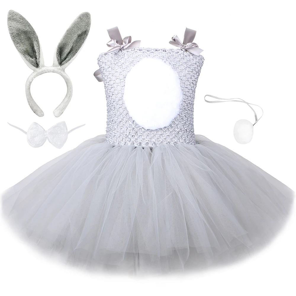 Easter Bunny Tutu Dress For Baby Girls Gray Rabbit Dresses With Ear Children Halloween Costumes For Kids Toddler Girl Outfits