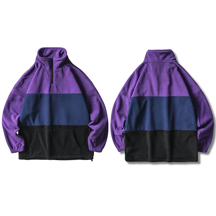 A46V9256 Purple Ретро винтажная Куртка хип хоп Уличная Мужская Harajuku цветной модульный пуловер куртка Половина на молнии осень зима флисовая куртка, пальто - Цвет: A46V9256 Purple