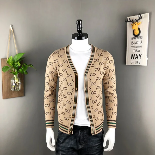 

Men's Knitted Cardigan Contrast Color 8 Words Fashion Print Handsome Man Autumn Winter Sweater Wholesale 2022 New Male Clothes