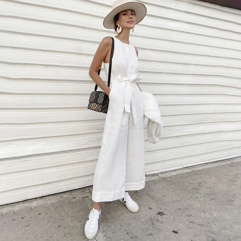 

Dabourfeel Cotton Wide-Leg Jumpsuits High Waist Sleeveless White Jumpsuit Romper Female Overalls For Women Casual 2021 Summer