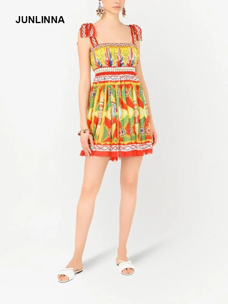 JUNLINNA Fashion Designer Summer Mini Dress Women's Bow-knot Shoulder Elastic Waist Vintage Print Short Backless