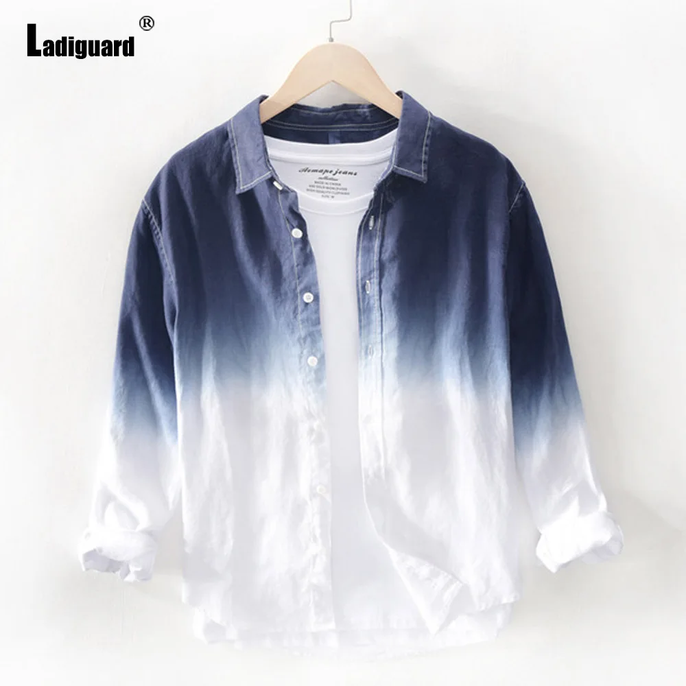 

Long Sleeve Cotton Linen Shirt blusas Sexy Men clothing 2021 Single-breasted Top Lepal Collor Mens Fashion Gradient Blouse Homme