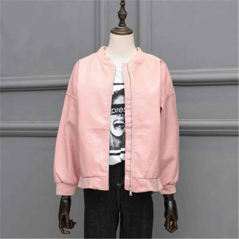 

New Fashion Pu Biker Women Autumn Coat Leather Jackets For Women O-Neck Zipper Casual Women fall loose Leather moto Jacket Veste