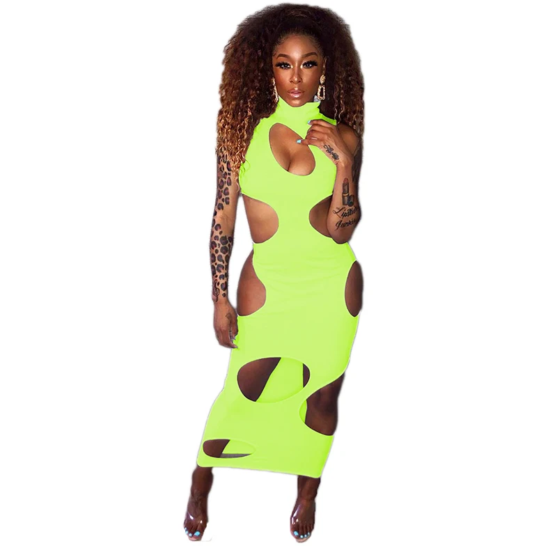 Neon Green Неоновый зеленый эротичный вырез Клубное Бандажное платье женщины холодное плечо отверстие Bodycon женская одежда макси длинный рукав водолазка вечерние платья - Цвет: Neon Green