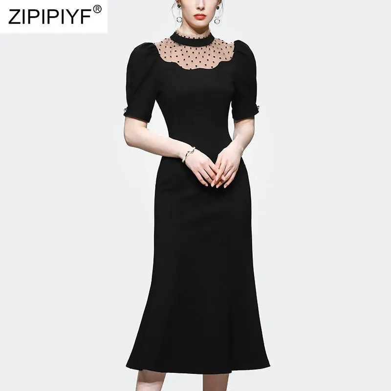 

2021 Summer Runway Fashion Elegant Women Dot Printing See Through Short Puff Sleeve Stand Neck Black Fishtail Dresses Z390