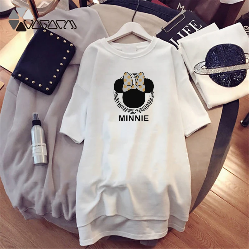 White2 Летние женские платья с мультяшным принтом, Повседневная Свободная белая мини-одежда с Минни, платье большого размера, простое милое студенческое платье для девочек - Color: White2