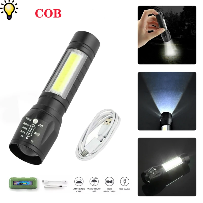 

Portable LED Flashlight T6 COB Light Multifunctional Zoomable LED Torch USB Rechargeable 4 Mode Waterproof Emergency Torch 10cm