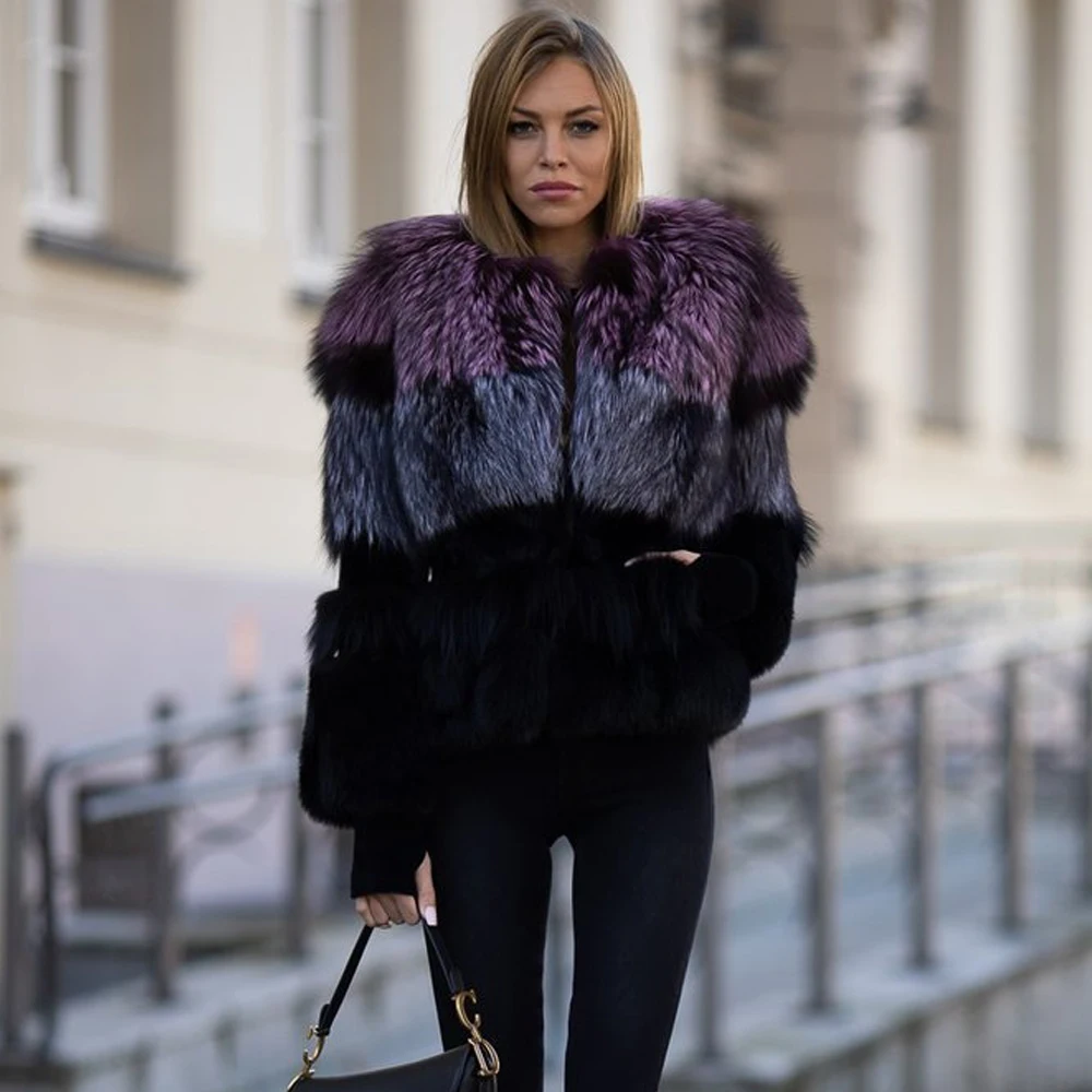 High Quality Real Fox Fur Jacket Round Collar Fashion Color Patchwork Natural Fox Fur Coat Woman Winter Outwear Luxury Overcoats