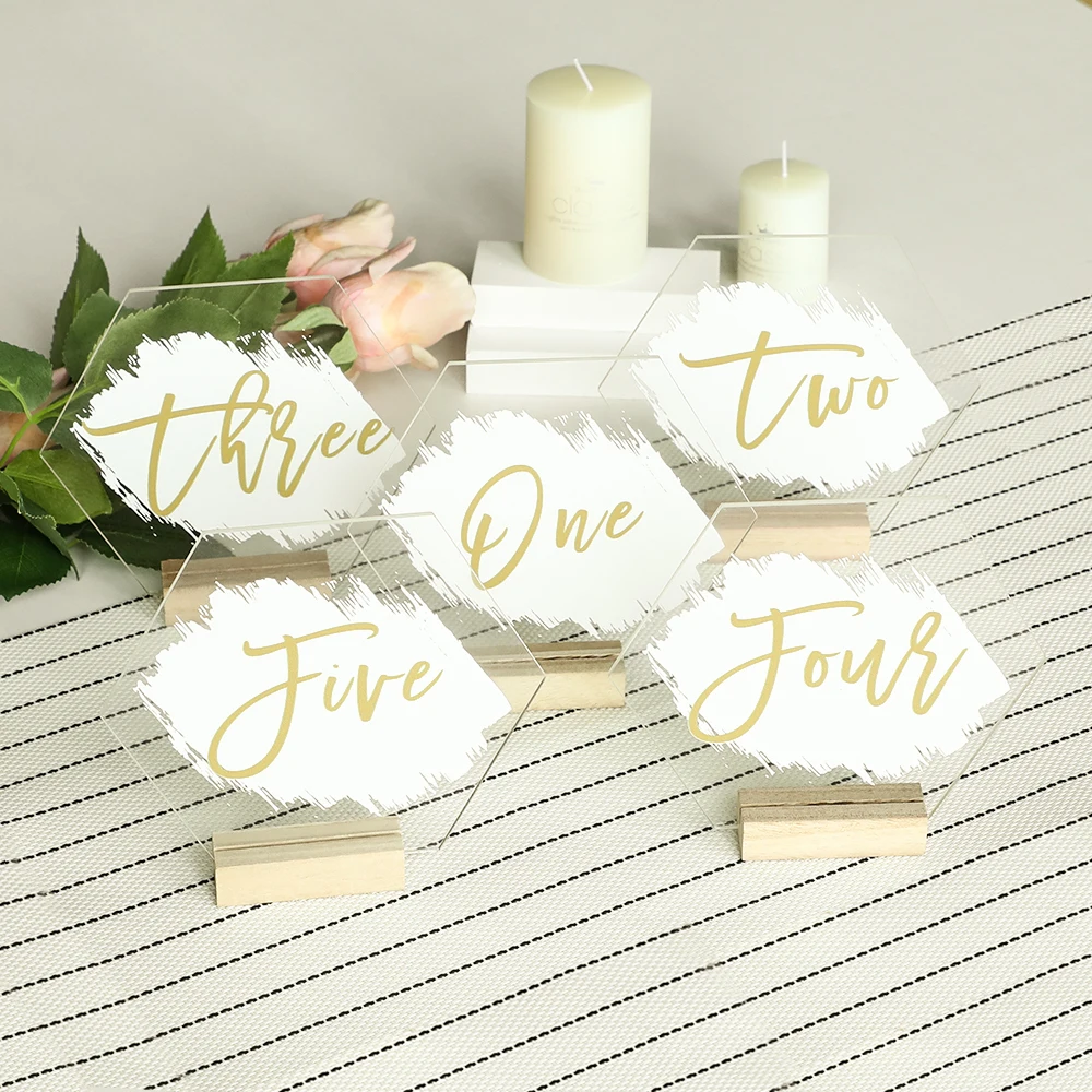 

Hand Painted Acrylic Wedding Table Numbers Calligraphy Painted Backs Number Hexagon Numbers for Rustic Modern Wedding Decoration