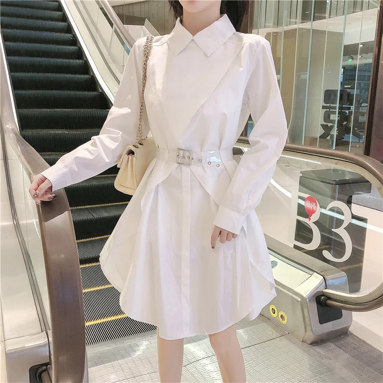 Осеннее женское белое платье рубашка с длинным рукавом повседневное хлопковое