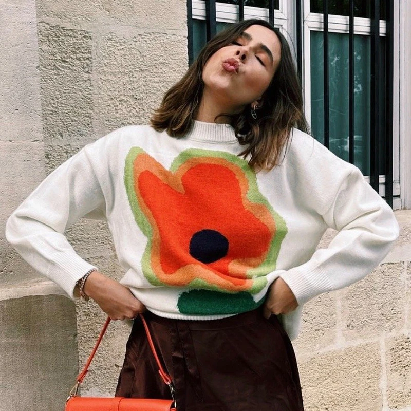 

Foridol O Neck Oversized Floral Print White Autumn Winter Sweater Female Pullovers Jumper Casual Streetwear Harajuku Winter Tops