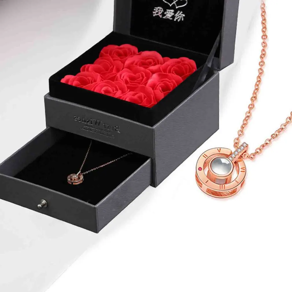 

Dropshipping Rose Gold Silver 100 Languages I Love You Shaking Sounds with Projection Clavicle Romantic Memory Wedding Necklace