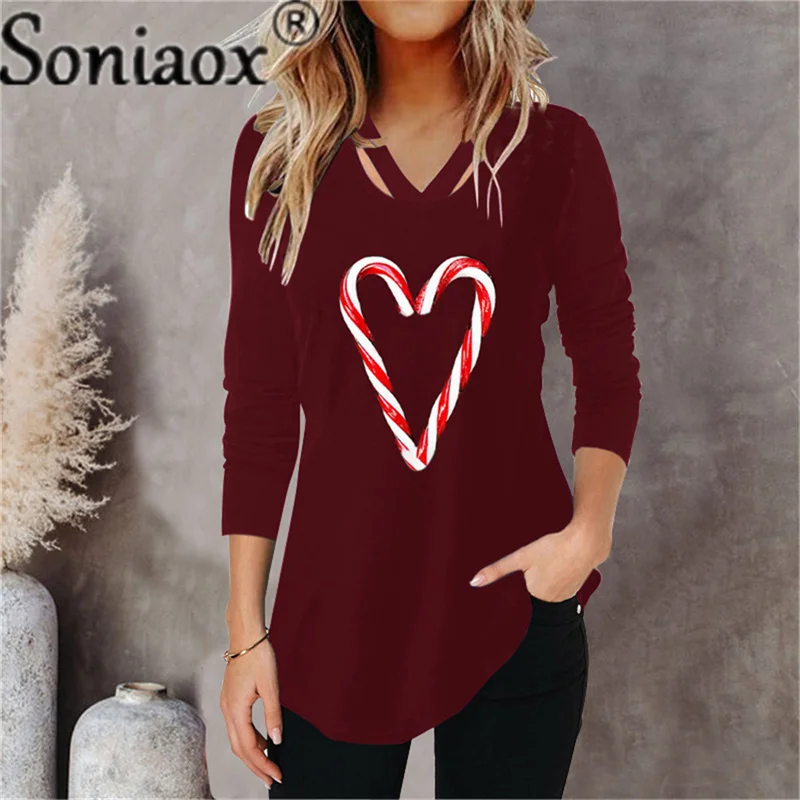 

Women's Harajuku Casual T-Shirt V-Neck Long Sleeve Loose Fashion Christmas Heart Printed Tops Autumn New Vantage Pullover 2021