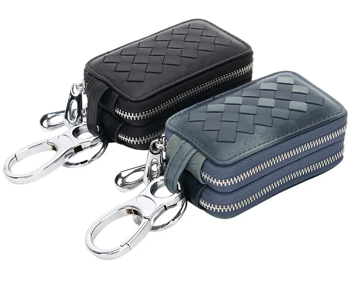 

Double Zipper Key Organizer Unisex Soft Sheepskin Handmade Key Holder Fashionable Plaid Genuine Leather Key Wallet Carry On D983