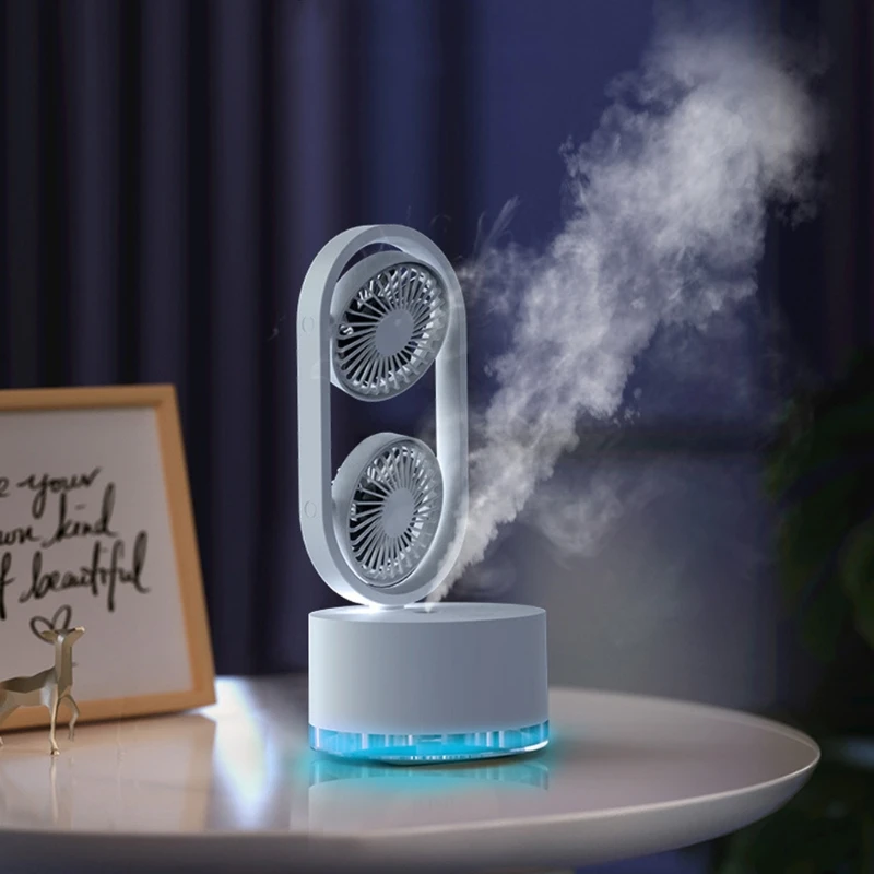 

Double-Head Humidifying Spray Fan Adjustable Head 360° Rechargeable Rotatable Personal Desk Fan for Home Office