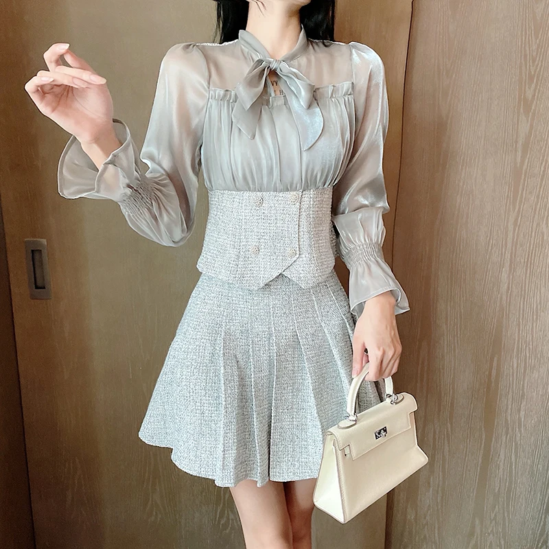 

CBAFU Женский комплект из двух предметов, осенняя Лоскутная атласная блузка, двубортная твидовая трапециевидная плиссированная мини-юбка с д...