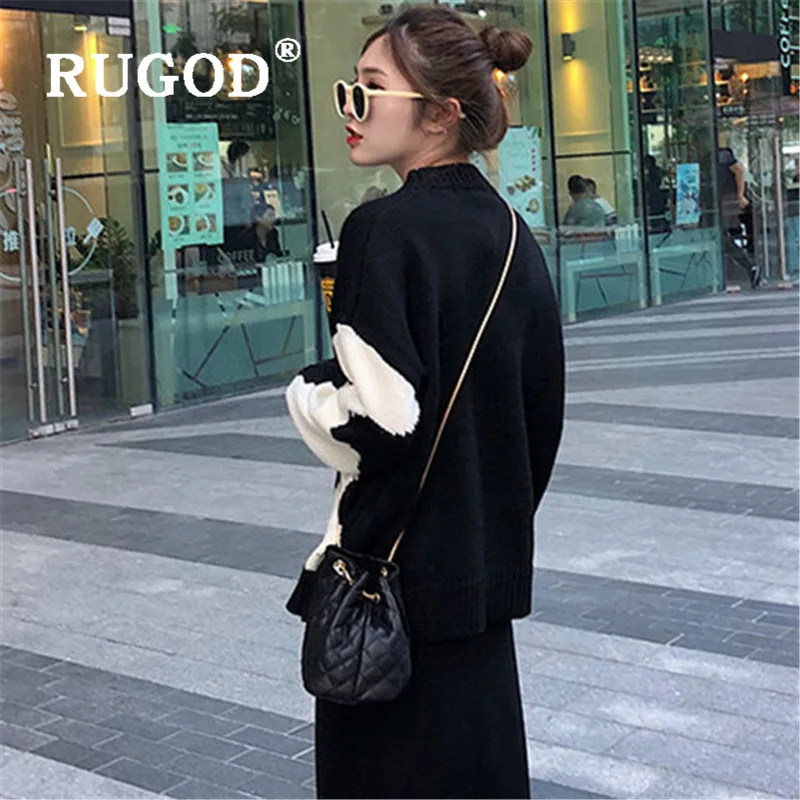 Женский пуловер с круглым вырезом RUGOD черно-белый свободный толстый вязаный