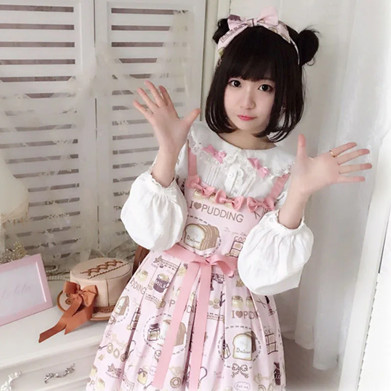 

Sweet Lolita Dress Women 2021 Japanese New Breakfast Milk Kawaii Printing Bow Tea Party Dresses Summer Sleeveless Slip Dress Jsk