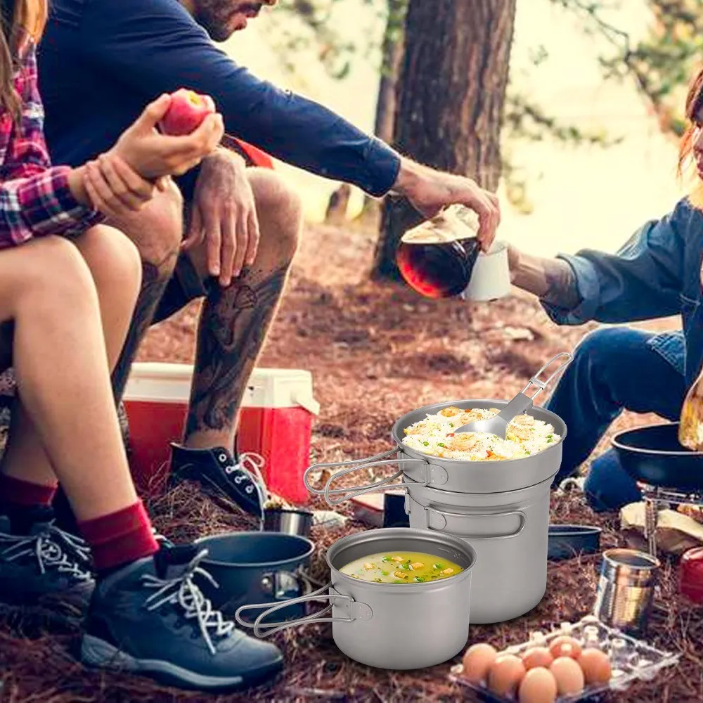 

Camping Titanium Cookware Set 1000ml 750ml Pot Pan Spork Set for Outdoor Camping Hiking Backpacking Picnic Cooking Equipment