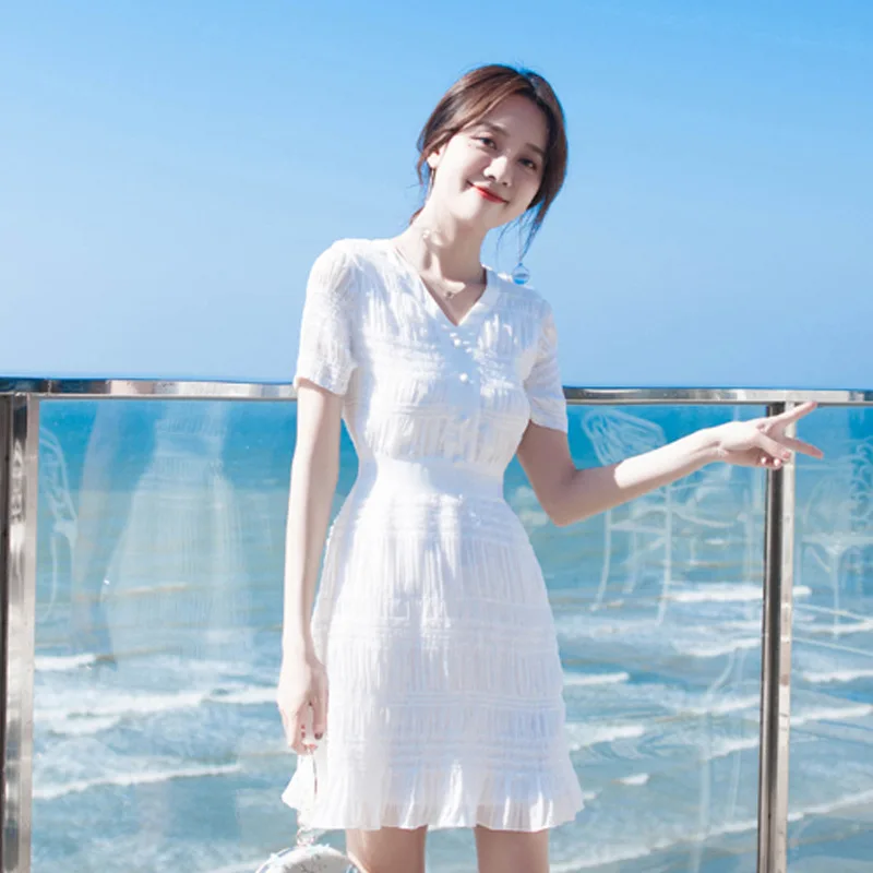 New Summer Dresses for Women's Seaside Resort High-waisted Chiffon Dresses for Women's Little White Dresses