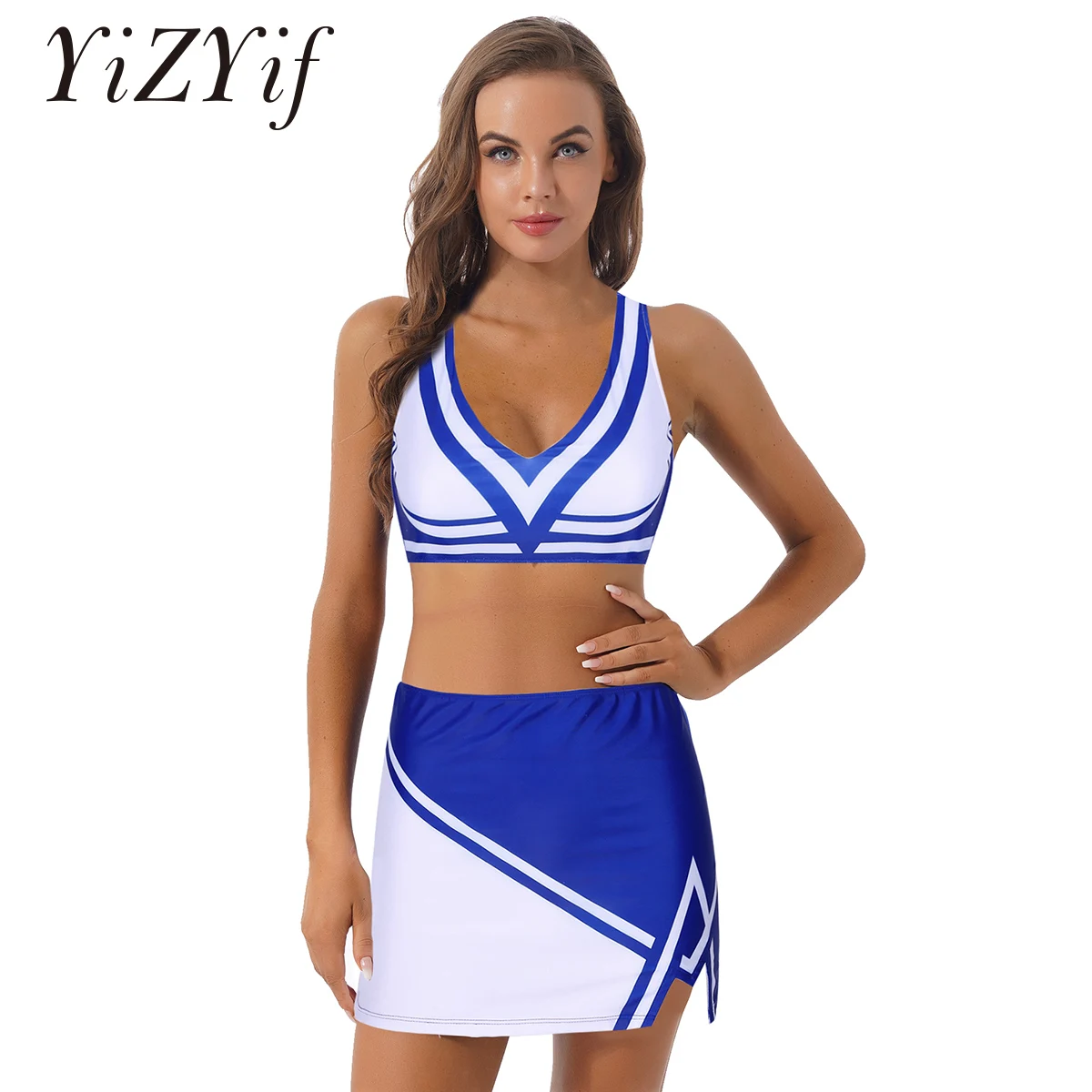 

Women Schoolgirl Cheerleader Costume Sexy Cosplay Outfits Striped Crop Tank Top with Mini Skirt Set Girls Cheerleading Uniforms