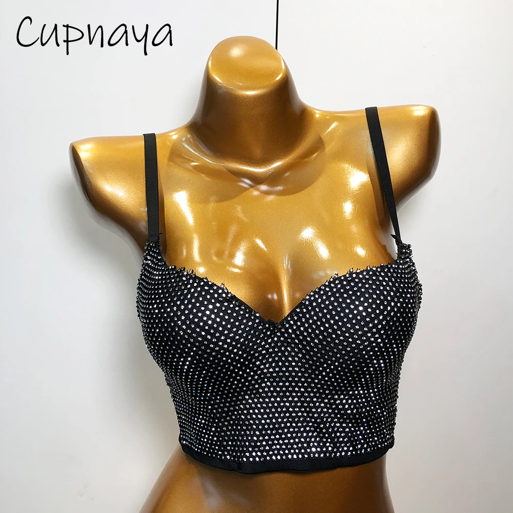 

Cupnaya Women Tiny Rhinestones Crop Top Spaghatti Strap Bustier Sexy Inside Corset Bralette Tanks Vest Clubwear Black