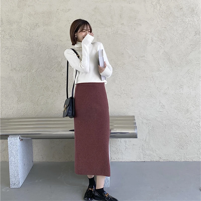 Женская шерстяная юбка-свитер элегантная винтажная юбка средней длины с высокой