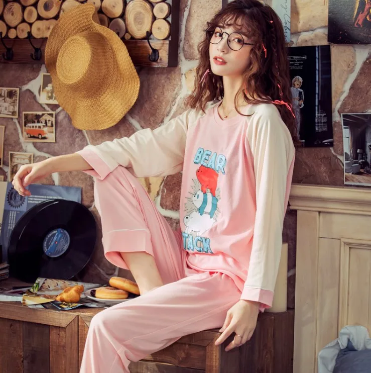 Большие размеры, M-XXL, женские пижамные комплекты, хлопок, одежда для сна, весна-осень, пижамы с длинным рукавом, пижамный комплект с круглым вырезом, женские пижамы - Цвет: MX2689