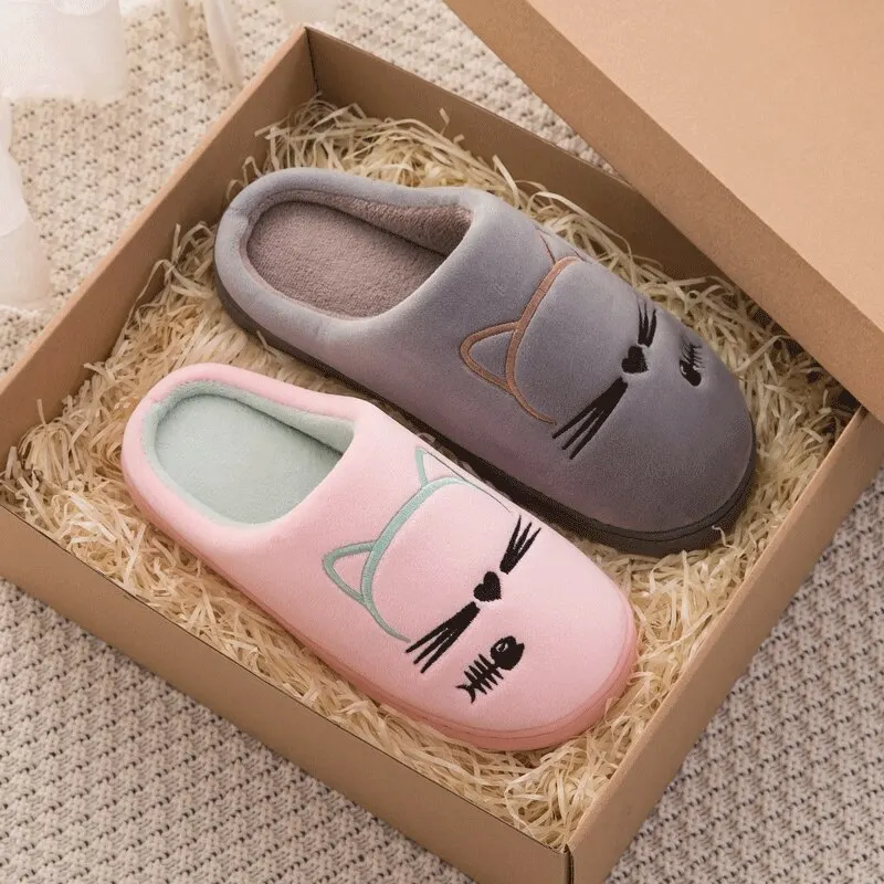 Women Winter Home Slippers Cartoon Cat Shoes Non-slip Soft Warm House Slippers Indoor Bedroom Lovers Couples Shoes
