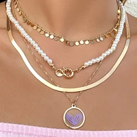 ladies pendant necklace set bohemian style gold disc imitation pearl pendant snake chain necklace christmas gift