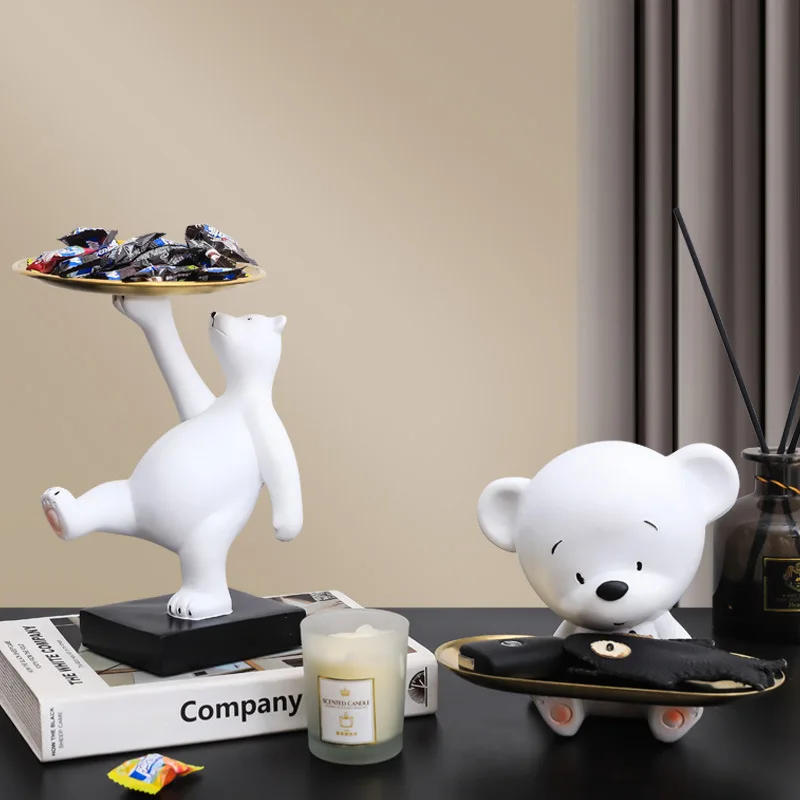 

Nordic White Bear Statue Home Decor Desktop Organizer Tray Animal Figurine Key Storage Bedroom Decor Storage Makeup