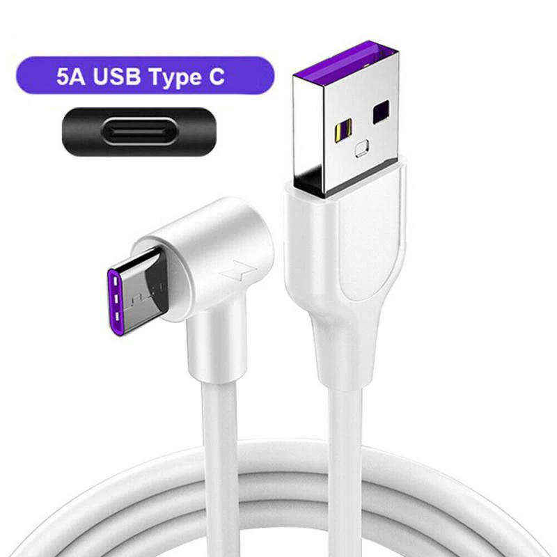 

5A Type C USB Cable Super Fast Charging Elbow Data Cable For Huawei P30 Mate 40 Samsung S20 Xiaomi 10 9 Mobile Phone Cables Cord