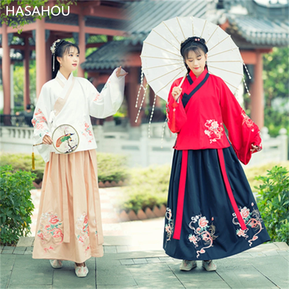 

Chinese Traditional Hanfu Embroidery Multi-layer Open Cross-Collar Shirt Cosplay Clothing Stage