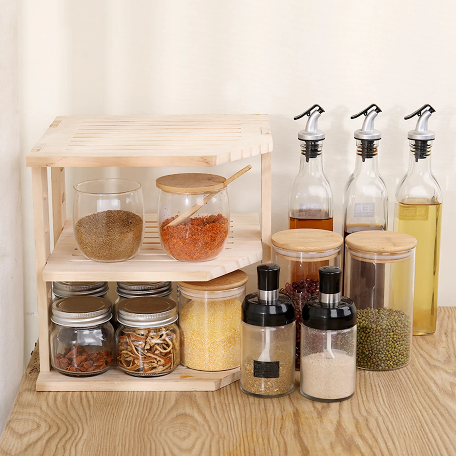 

3 Layers Wood Kitchen Storage Rack Adjustable Spice Jar Bottle Seasoning Rack Decor Organizer Shelf Home Holder Countertop Racks