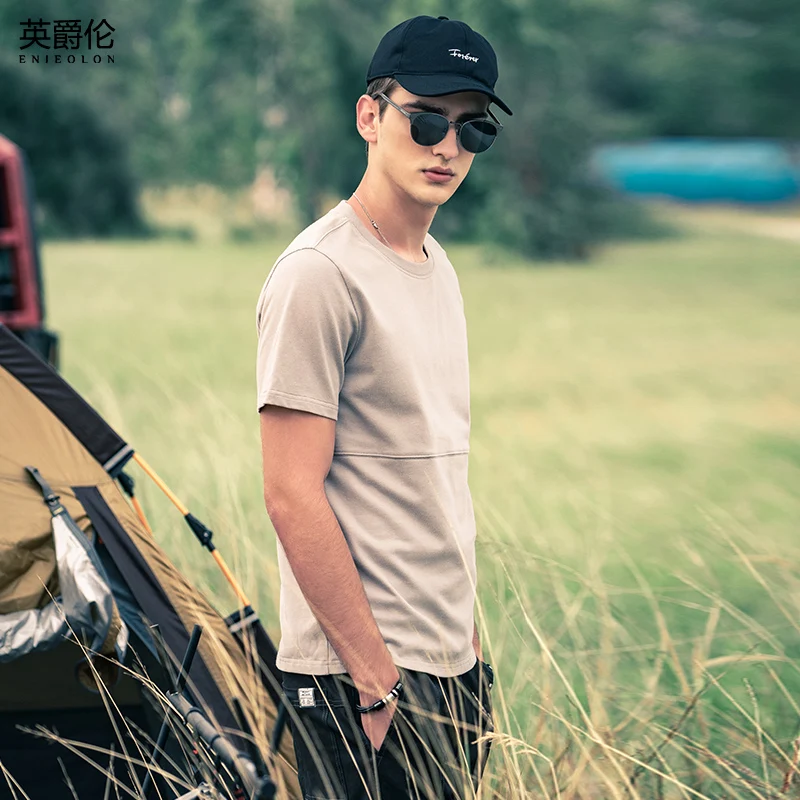 

Enjeolon 2021 New Men Short Sleeved T-shirt Casual 100% Cotton Simplicity Print Tshirts O-neck Men Tops Tee T8372